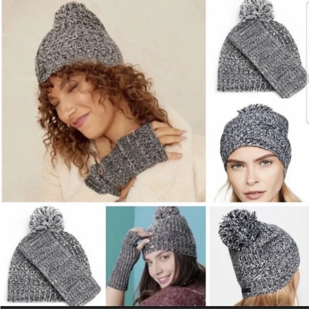 Rebecca Minkoff Marled Pom Pom Beanie/Armwarmer Set Black Gray One Size NWT
